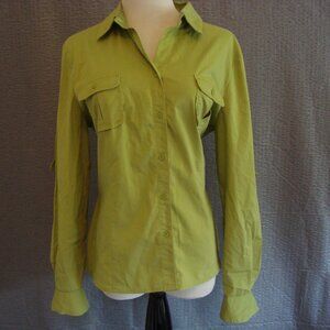 Worthington Stretch Button Up Shirt Blouse Long Sleeve Roll Up Tab Green sz M